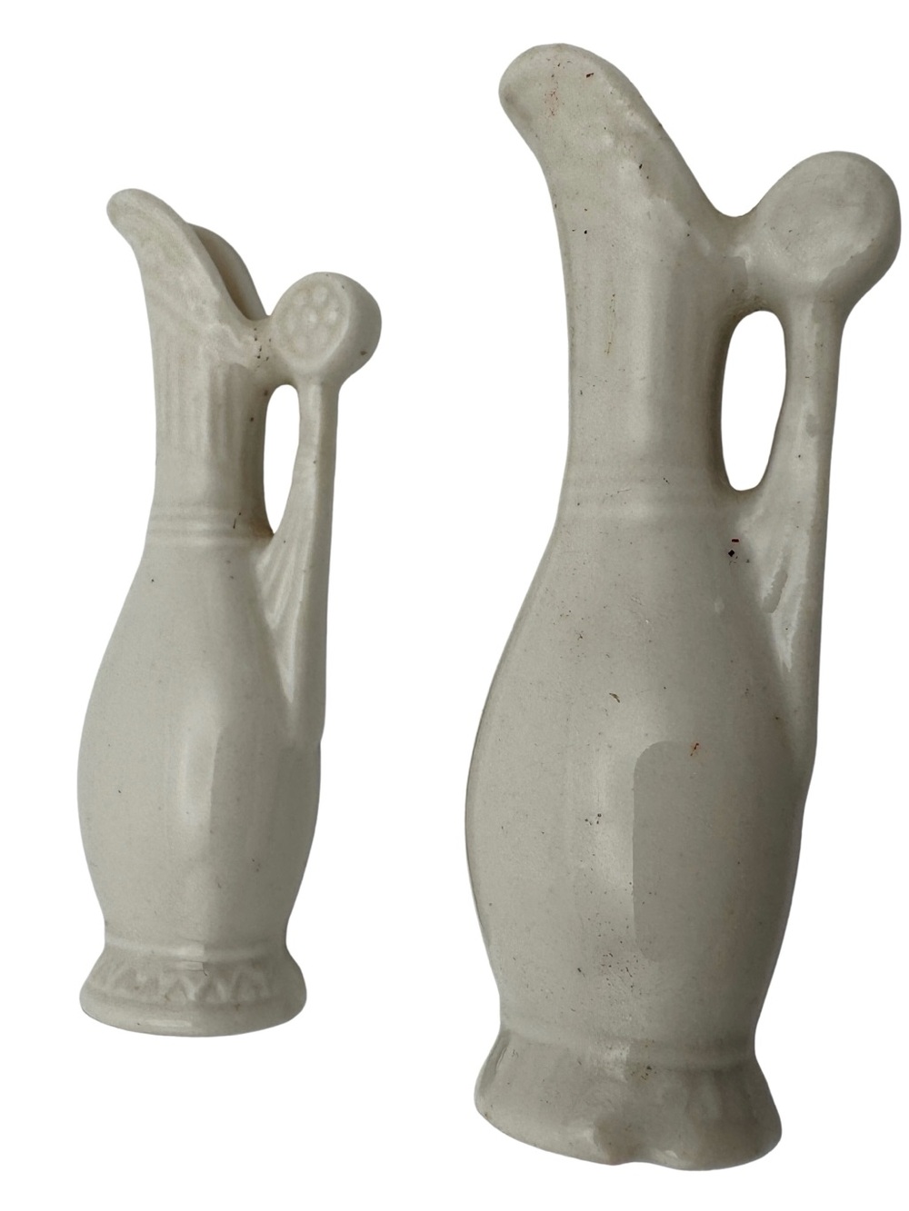 Vintage Mini White Ceramic Cruet Pitcher Pair Dollhouse Farmhouse Pottery